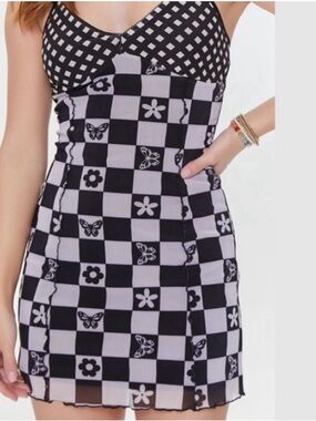 Forever 21 Y2K Checkerboard Slip Dress with Floral & Butterfly Motifs Size Small